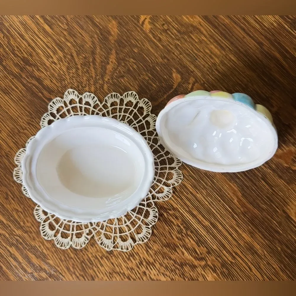 Vintage 1970’s, Oval Ceramic, Easter Eggs Basket, Covered Candy Bowl. G13